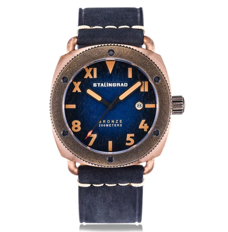 Bronze Defender 200M Deep Blue Dial Black Leather Strap
