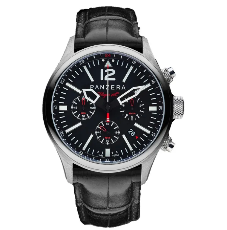 Flieger 46 Chronograph Steel Black Leather