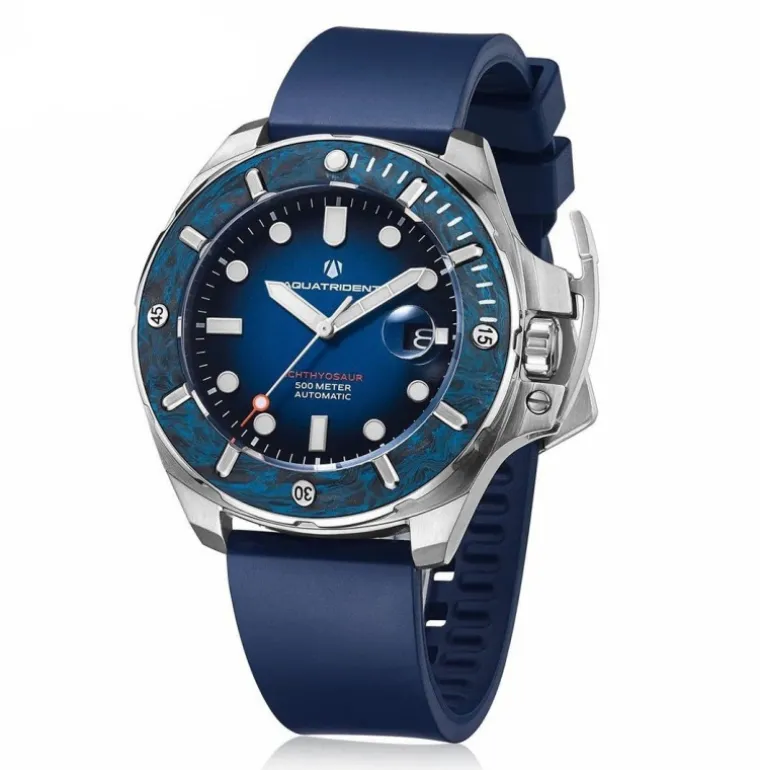 Ichthyosaur 500M Diver Carbon Fiber Bezel Blue Dial Blue Fluororubber 45mm