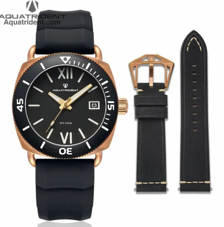 JAWS Bronze Watch Roman Dial Black Silicon & Genuine Leather Strap 40mm